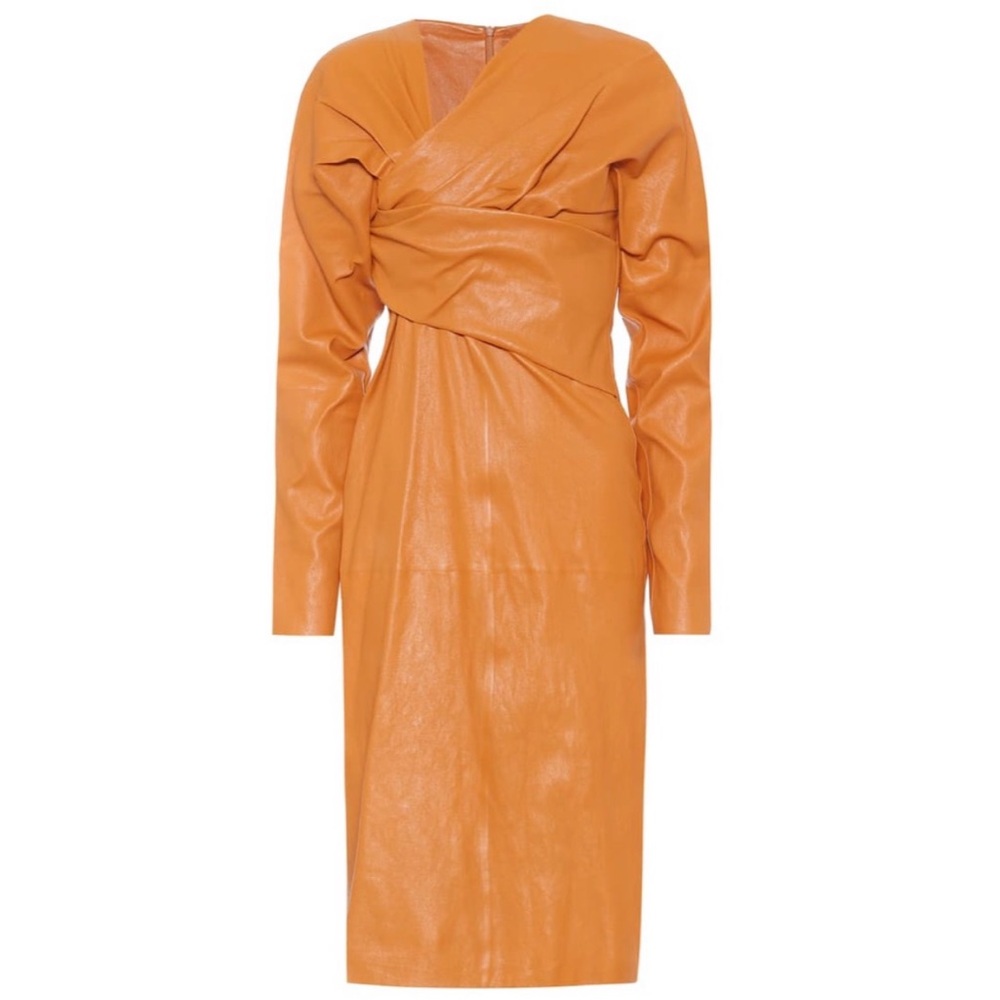 Bottega Veneta Draped Leather Orange Long Sleeve Midi Dress